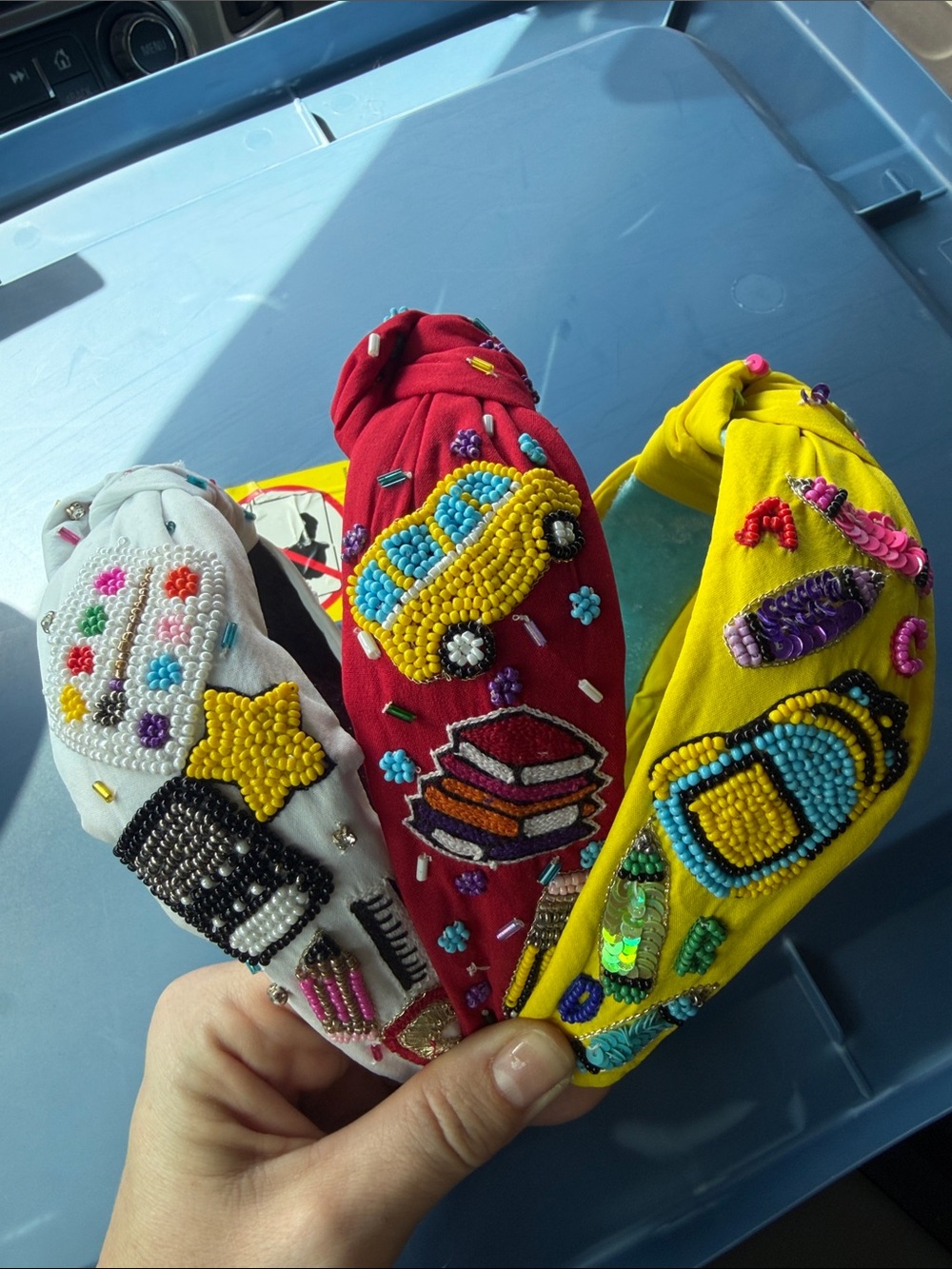 Beaded Headbands - White, Red, Yellow school theme.